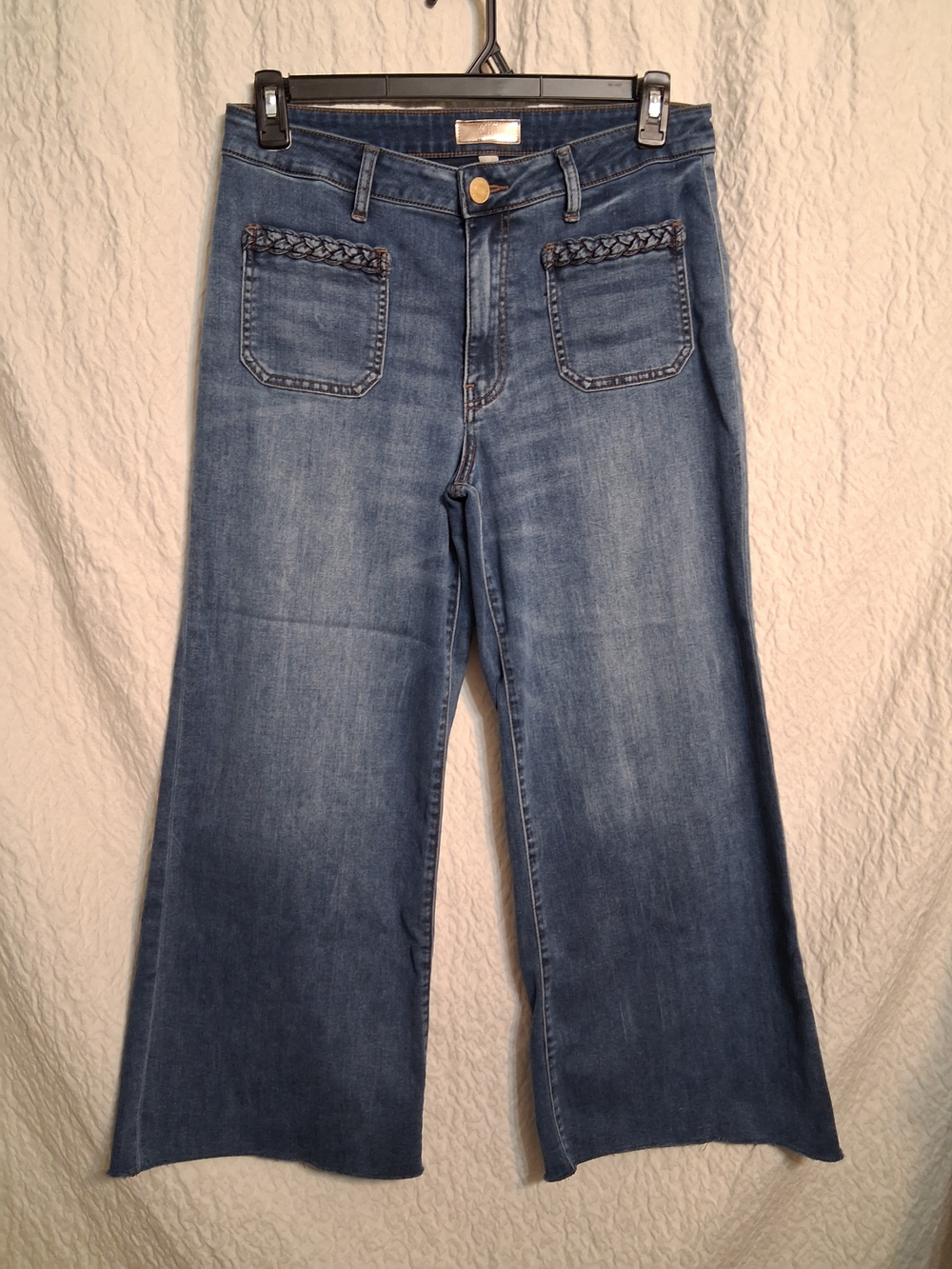 Kut from the Kloth Medium Blue Wide-Leg Denim Jeans with Braided Pocket Trim